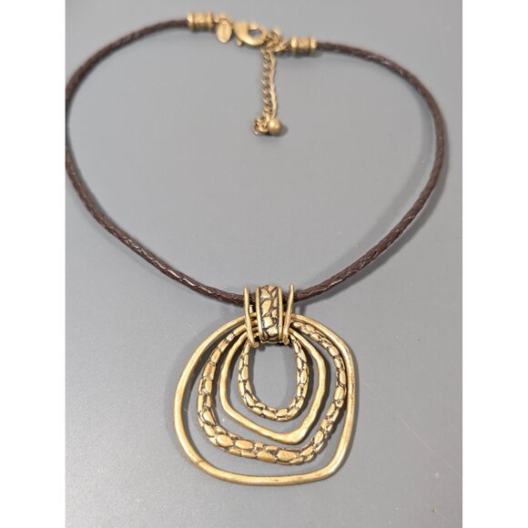 Chicos Gold Tone Multi Ring Pendant Brown Braided Cord Necklace Boho Western 20" - Picture 3 of 9
